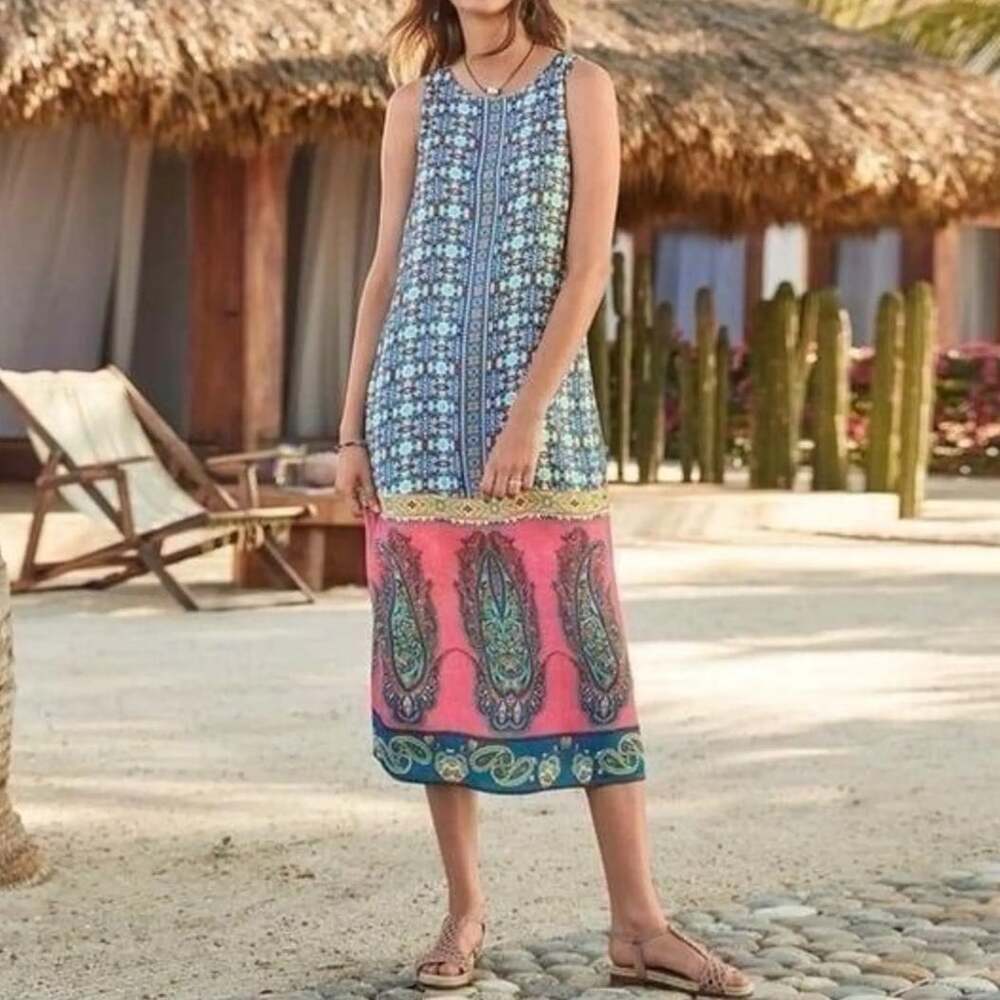 Sundance Blue Fiore Tile Paisley Print Sleeveless Midi Shift Dress Size 4